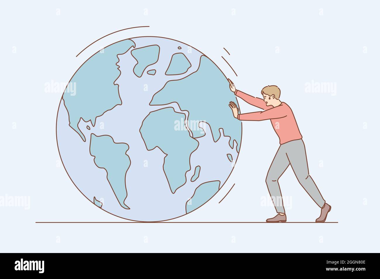 Conversación ambiental y concepto de salvar la tierra. Personaje de dibujos animados de hombre joven tirando del planeta tierra con las manos rodando hacia una sola ilustración vectorial Ilustración del Vector