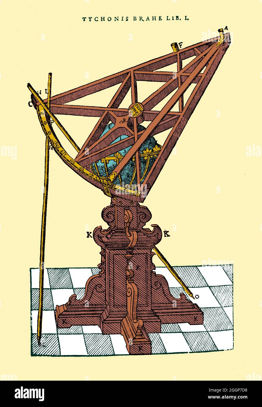 Ilustración coloreada del sextante triangular de Tycho Brahe. Foto de stock