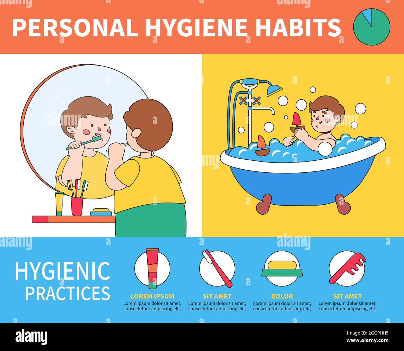 Hábitos de higiene personal - póster de diseño plano colorido con un  carácter de dibujos animados y espacio de copia para texto. Tome un baño,  cepille los dientes y tome c Imagen