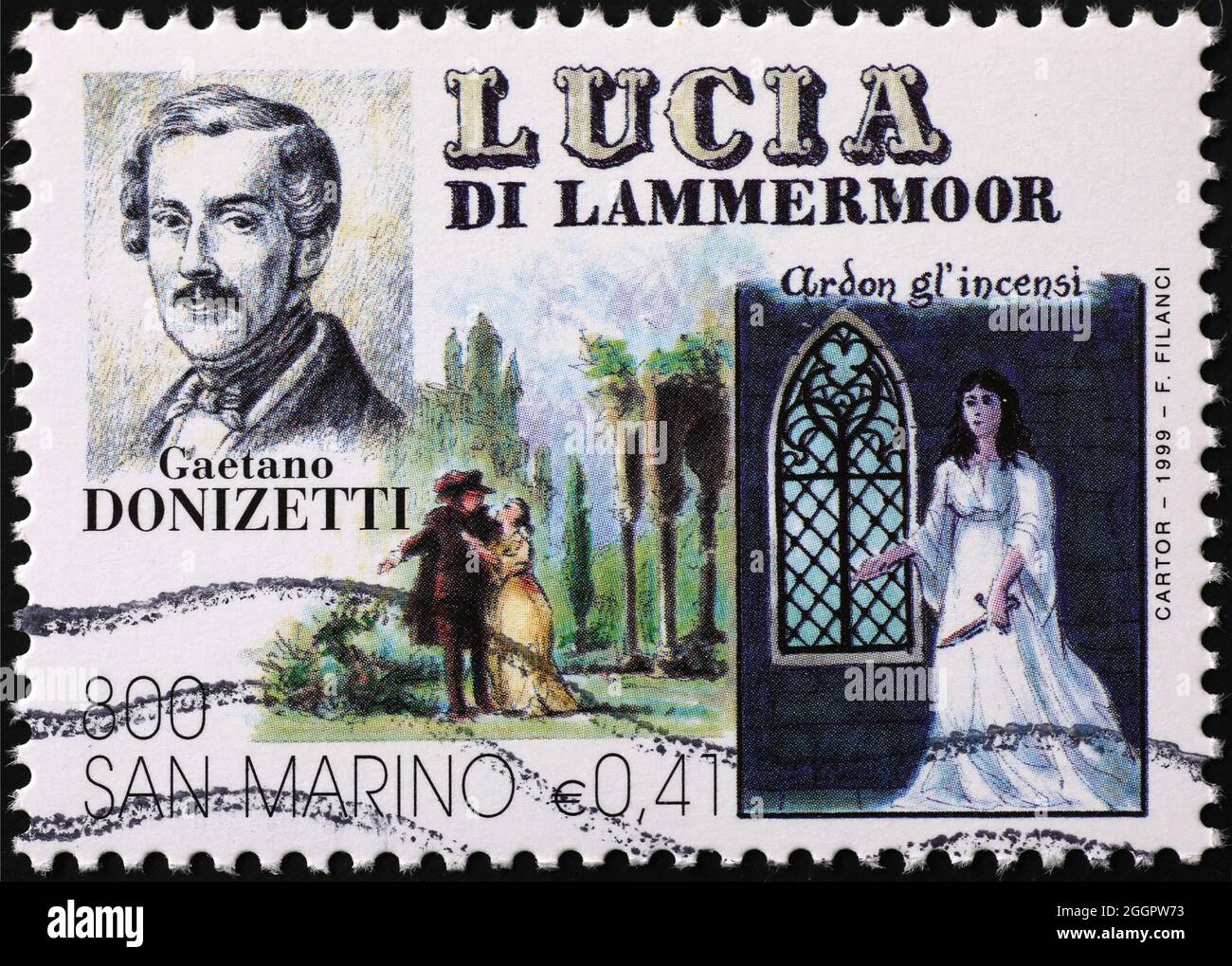 Gaetano Donizzetti y su ópera Lucia di Lammermoor en sello Foto de stock