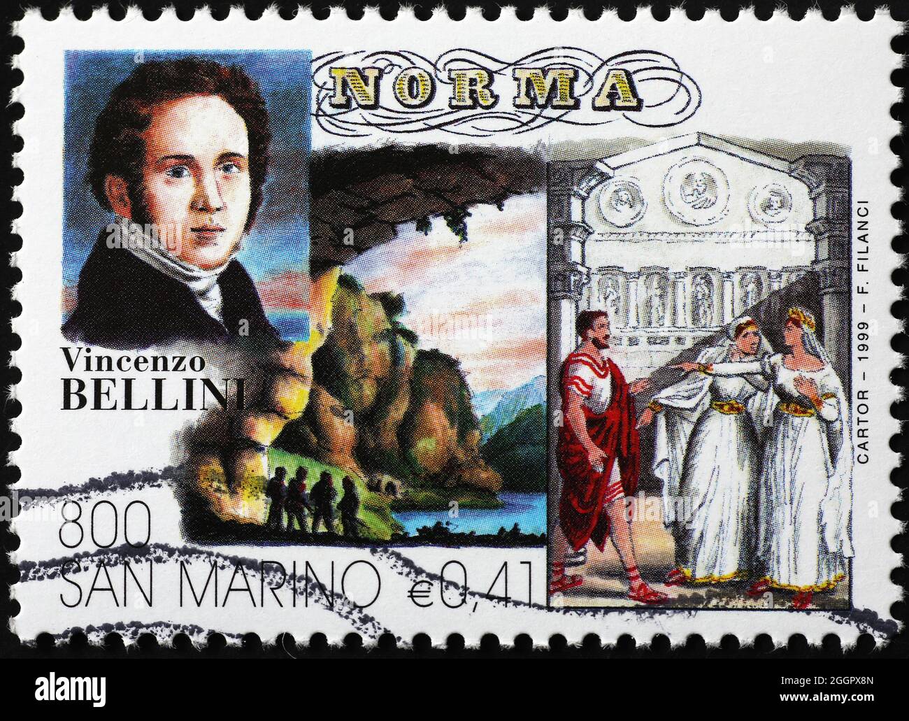 Vincenzo Bellini y su ópera Norma en sello Foto de stock