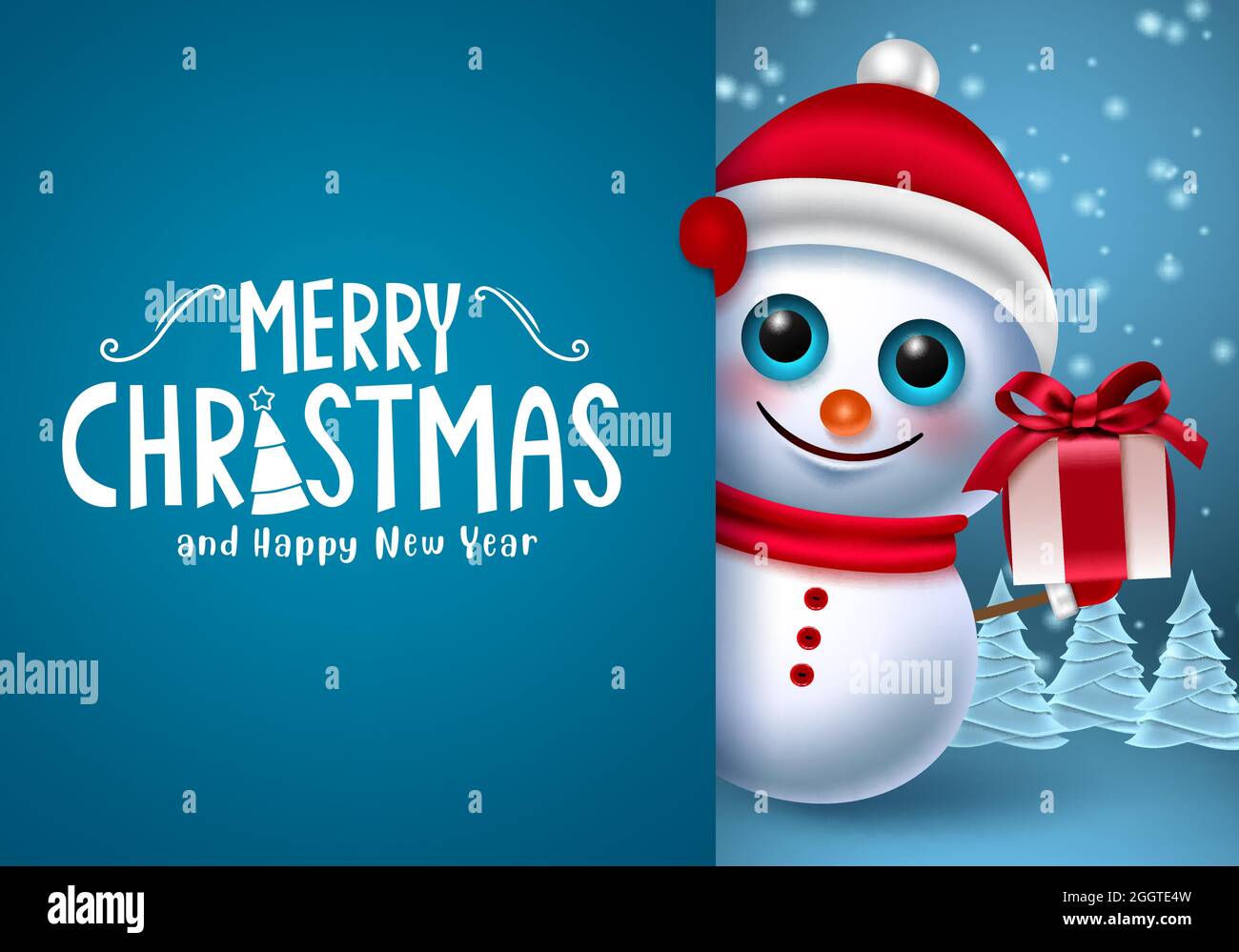Plantilla de vector de carácter de muñeco de nieve de Navidad. Feliz texto  de navidad en el espacio azul para los mensajes con el personaje de hombre  de nieve que sostiene el