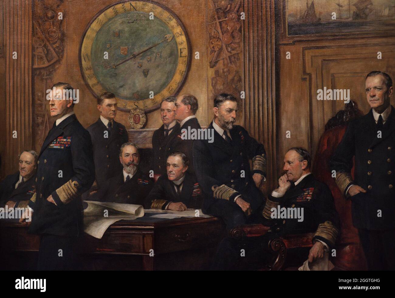 Oficiales Navales de la Primera Guerra Mundial Pintura de Arthur Stockdale COPE (1857-1940). Óleo sobre lienzo (264,1 x 514,4 cm), 1921. Detalle. Galería Nacional de Retratos. Londres, Inglaterra, Reino Unido. Foto de stock