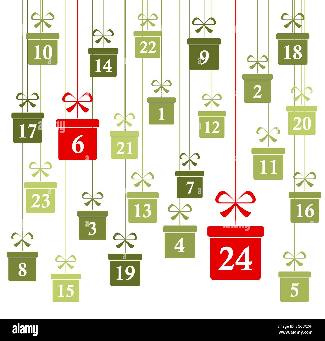 colgando regalos de de color verde con números 1 a 24 mostrando calendario de adviento para y el invierno conceptos panorama estilo Imagen Vector de stock - Alamy