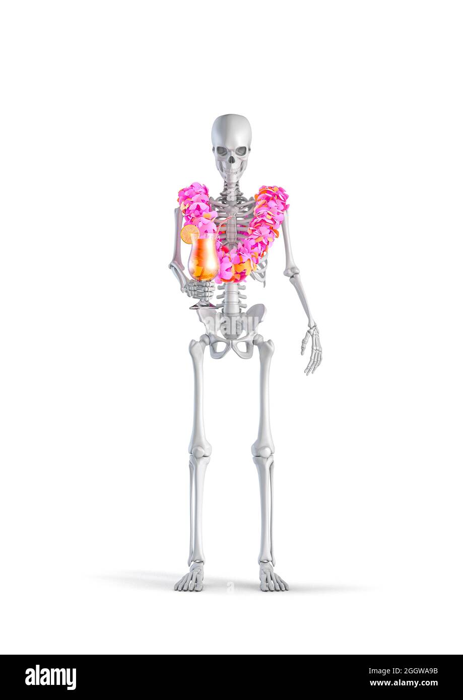 Esqueleto tropical de vacaciones - 3D ilustración de esqueleto humano masculino figura en vacaciones con cóctel de frutas y lei de flores hawaianas aisladas en la calle blanca Foto de stock
