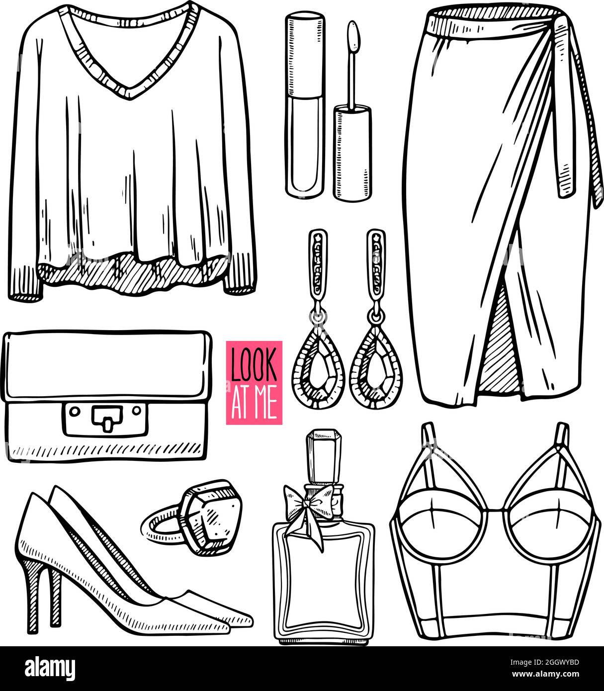 Colección de de ropa y de dibujo chica. Estilo informal de mujer. Ilustración dibujada a mano Imagen Vector de stock - Alamy