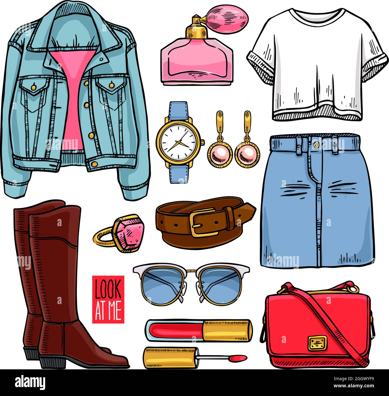 Colección de de ropa y accesorios para Estilo informal de Ilustración dibujada a mano Imagen Vector de stock -