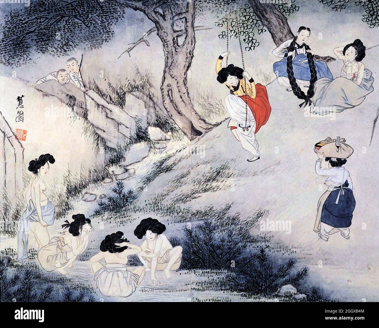 Paisaje en el Día de Dano por el artista coreano Sin Yun-bok (1758–1813), color sobre papel Foto de stock