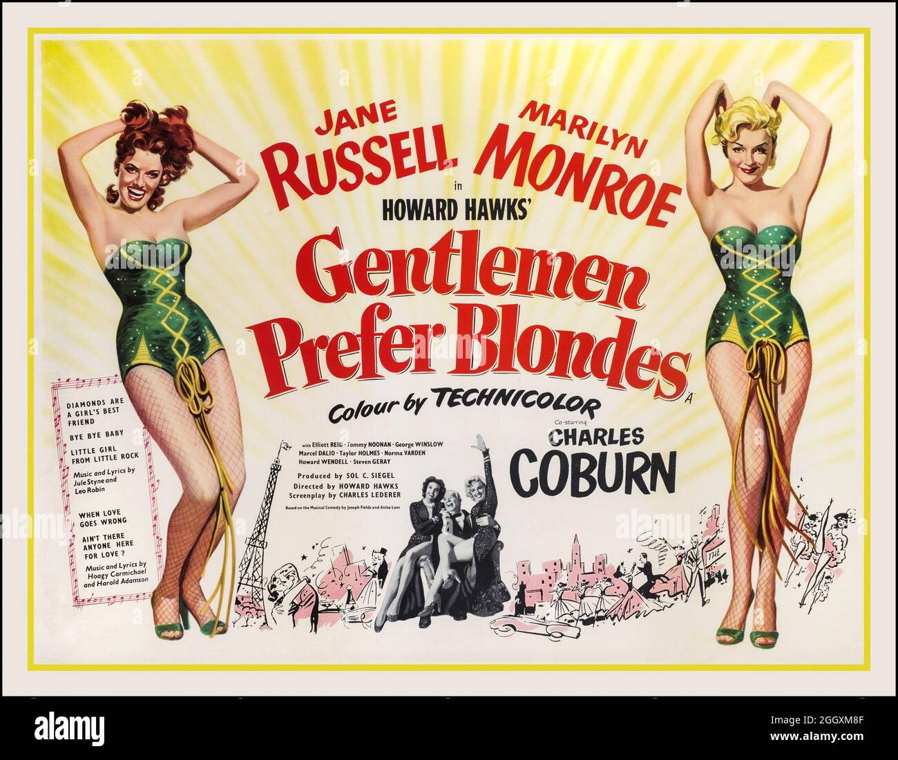 El cartel de la película de la vendimia 'Gentlers Prefer Blondes' protagonizado por Jane Russell & Marilyn Monroe con James Coburn dirigido por Howard Hawks Gentlers Prefer Blondes es una película de comedia musical estadounidense de 1953 basada en el musical de 1949 etapas del mismo nombre. Fue dirigida por Howard Hawks Foto de stock