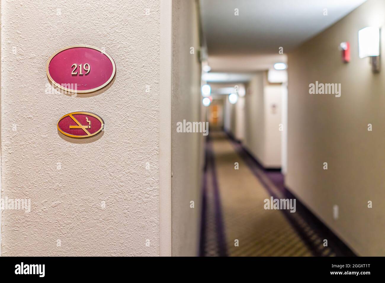 Primer plano del cartel del hotel motel inn con el número de habitación para no fumadores y pasillo vacío por la noche Foto de stock