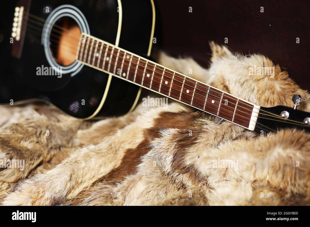 Antigua guitarra acústica polvorienta en el suelo. Spruce temnought guitarra  acústica. Guitarra sobre fondo de piel Fotografía de stock - Alamy