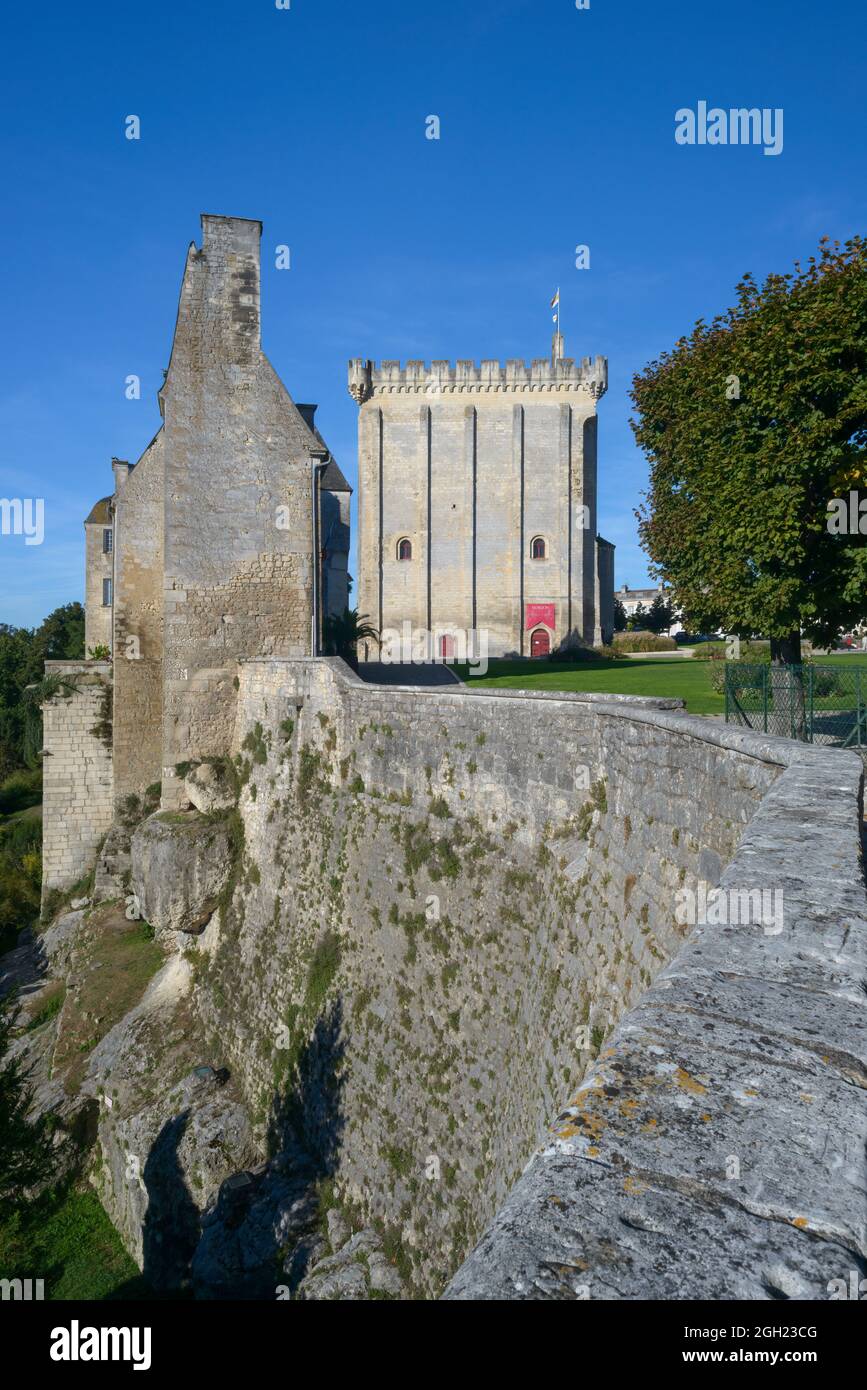 Pons, Charente Maritime, Francia. Las altas paredes rocosas de la muralla del castillo medieval de Pons y la torre fortificada mantienen el sol en verano Foto de stock