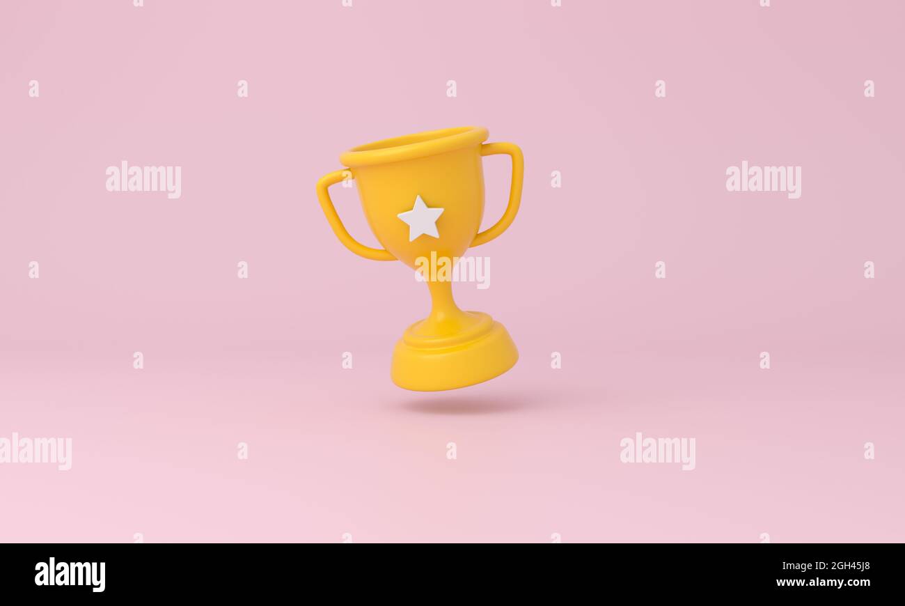 Copa de trofeo con una estrella sobre fondo rosa. 3d renderizado. Foto de stock
