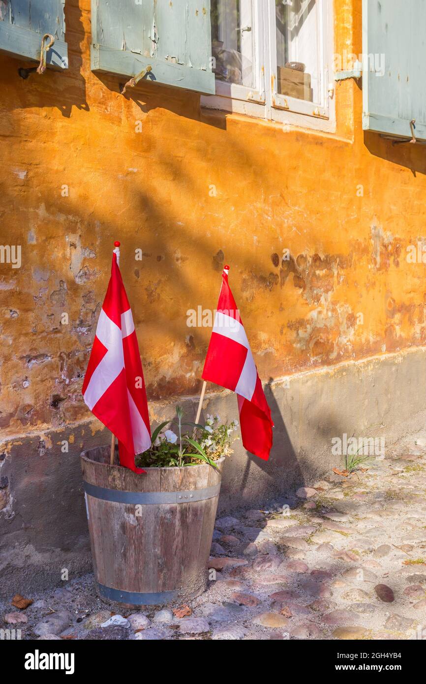 Pequeñas banderas danesas en una maceta de flores en Christiansfeld, Dinamarca Foto de stock