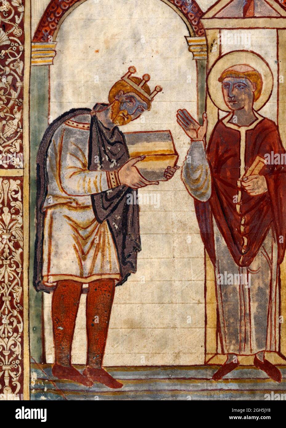 Retrato de Ateneo, rey de Inglaterra desde 924 hasta 939, presentando una copia del libro 'La vida de San Cuthbert' de Beda al mismo St Cuthbert. Foto de stock