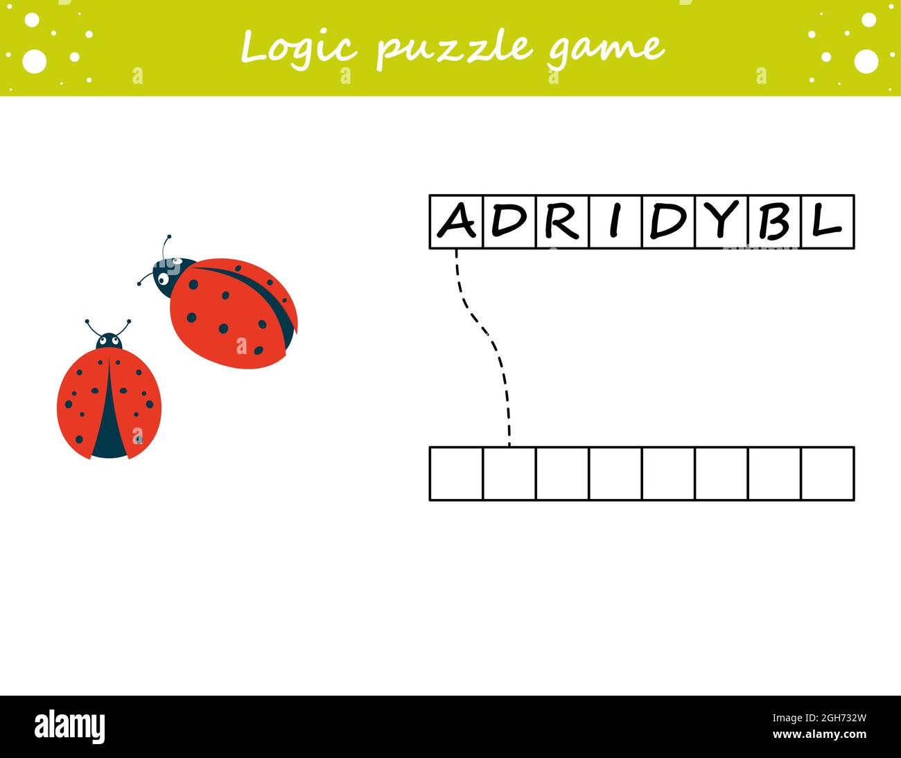 Juego de rompecabezas de lógica. Aprender palabras ladybug en inglés.  Busque el nombre oculto. Página de actividades para estudiar inglés. Juego  para niños Imagen Vector de stock - Alamy