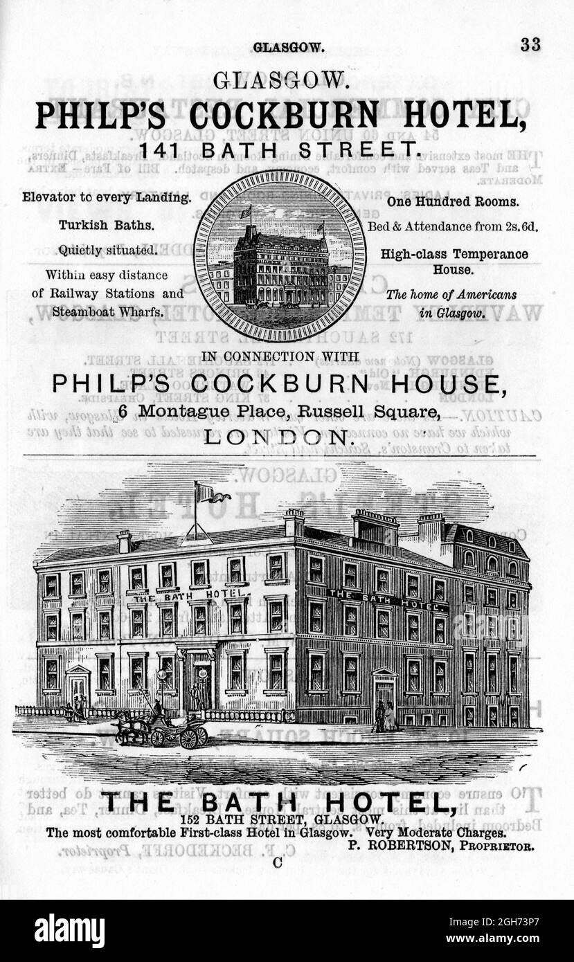 Un anuncio y una ilustración del Philp's Cockburn Hotel y el Bath Hotel en Glasgow Escocia, tomados de una pintoresca Guía de Black's publicada en 1886 Foto de stock