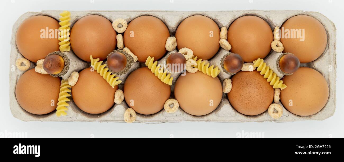 Los huevos de pollo se empaquetan con rotini secos, bellotas decorativas y  cheerios sobre el fondo blanco Fotografía de stock - Alamy