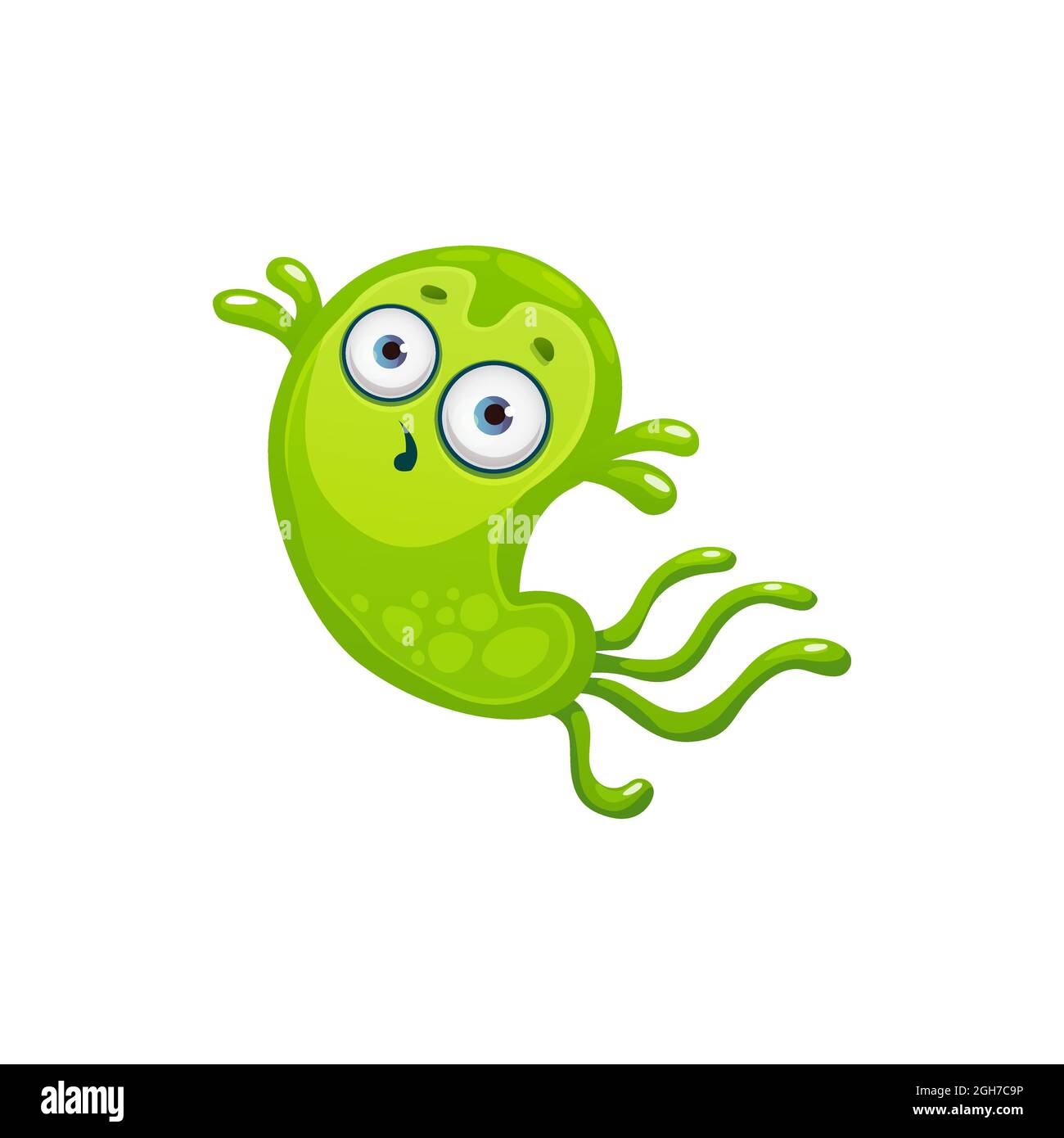Icono de vector celular de virus de dibujos animados, bacterias verdes lindas, carácter germen asombrado con cara divertida. Sonriente microbio patógeno con ojos grandes y largo flagelo Imagen Vector de stock - Icono de vector celular de virus de dibujos animados, bacterias verdes lindas, carácter germen asombrado con cara divertida. Sonriente microbio patógeno con ojos grandes y largo flagelo Imagen Vector de stock -