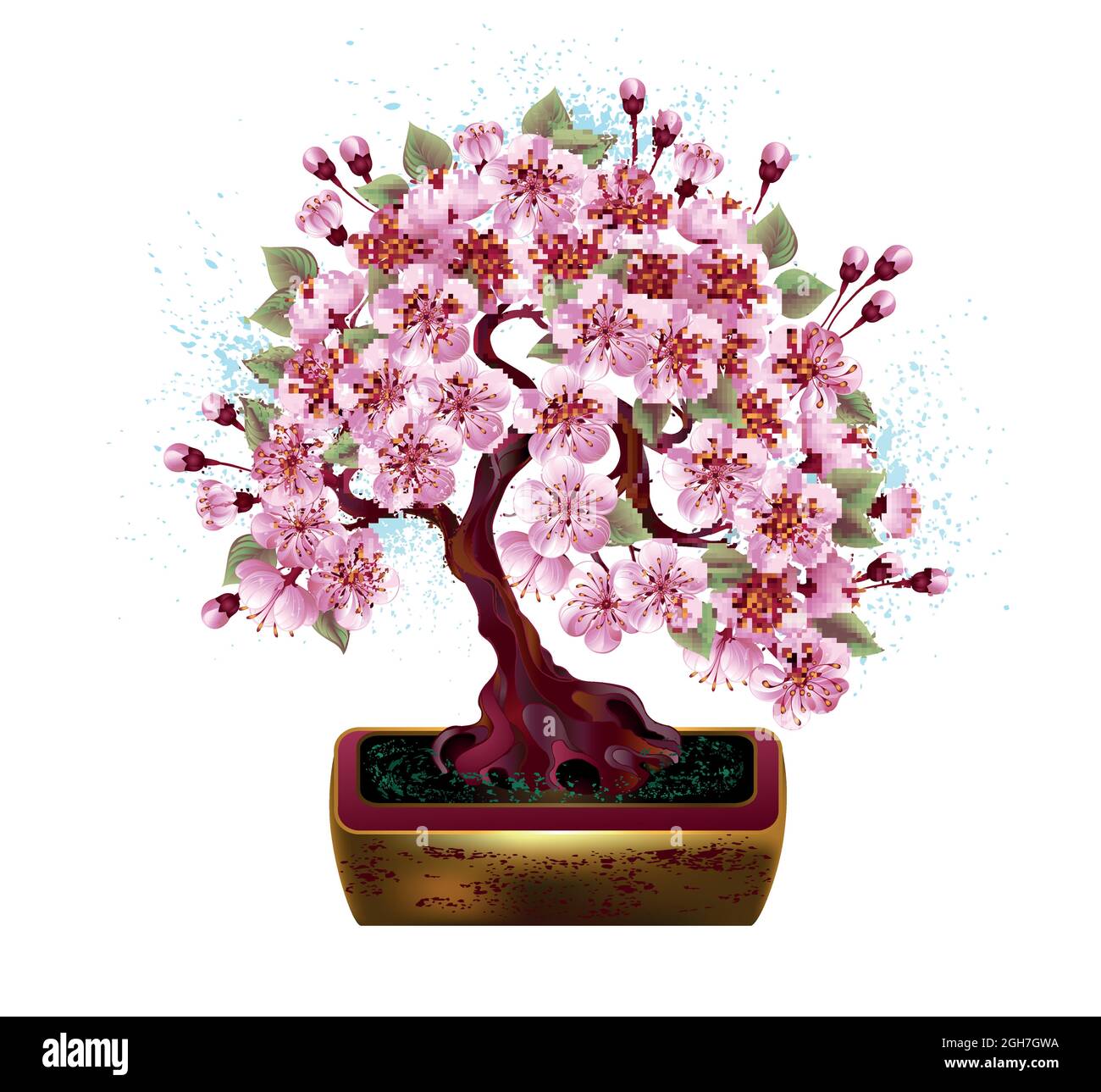 Dibujado artísticamente, rosa, bonsai de flor de cerezo japonés en maceta de flores de cerámica dorada sobre fondo blanco. Ilustración del Vector