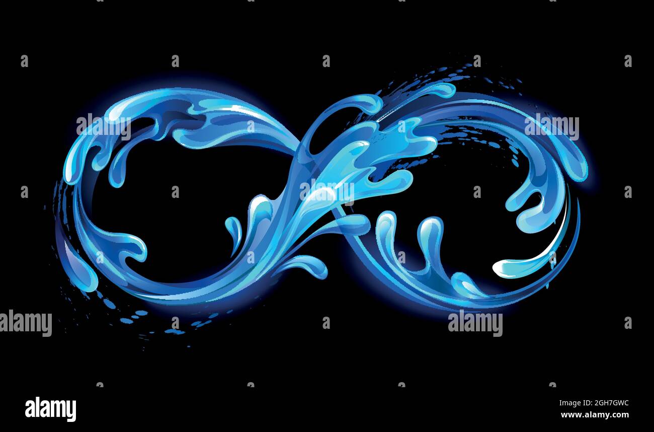 Símbolo de infinito de una corriente de agua azul, fría y transparente sobre fondo negro Ilustración del Vector