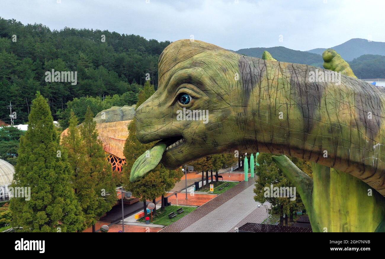 06th de Sep de 2021. Cuenta regresiva a la expo de los Dinosaurios Se  instala Un simulacro de dinosaurio en Danghangpo, Goseong, 466 kilómetros  al sureste de Seúl, el 6 de septiembre