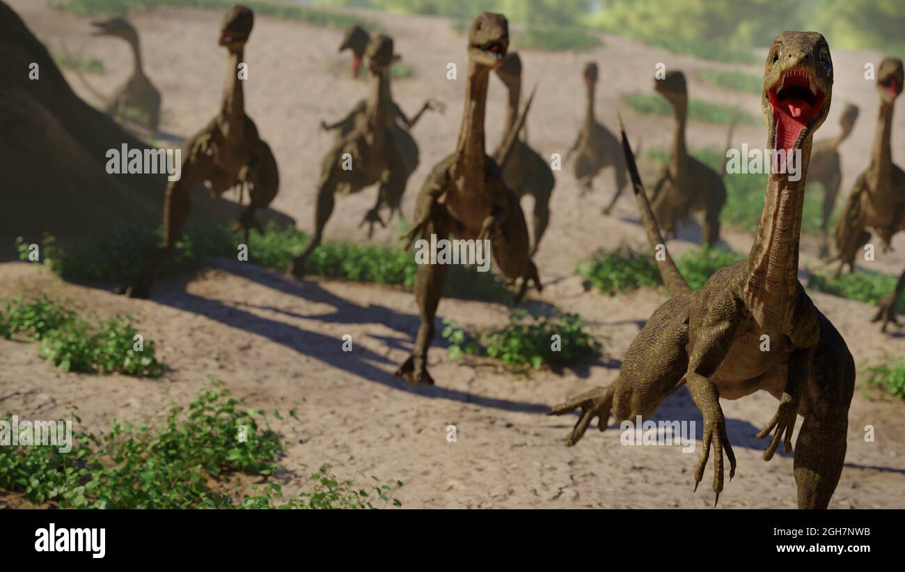 Compsognathus Longipes Grupo De Dinosaurios Del Período Jurásico Tardío 3d Paleoart Render 5353