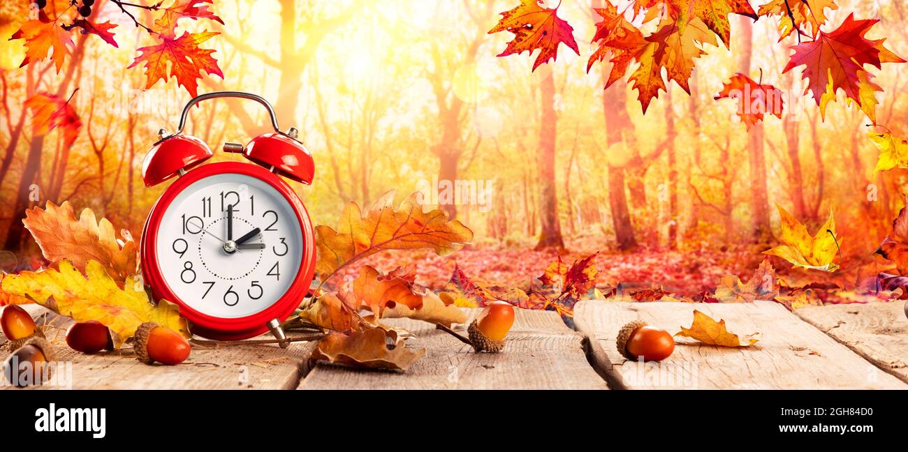 Hora de regreso al otoño - Fin del horario de verano - Alarma de reloj y hojas en el fondo del otoño Foto de stock