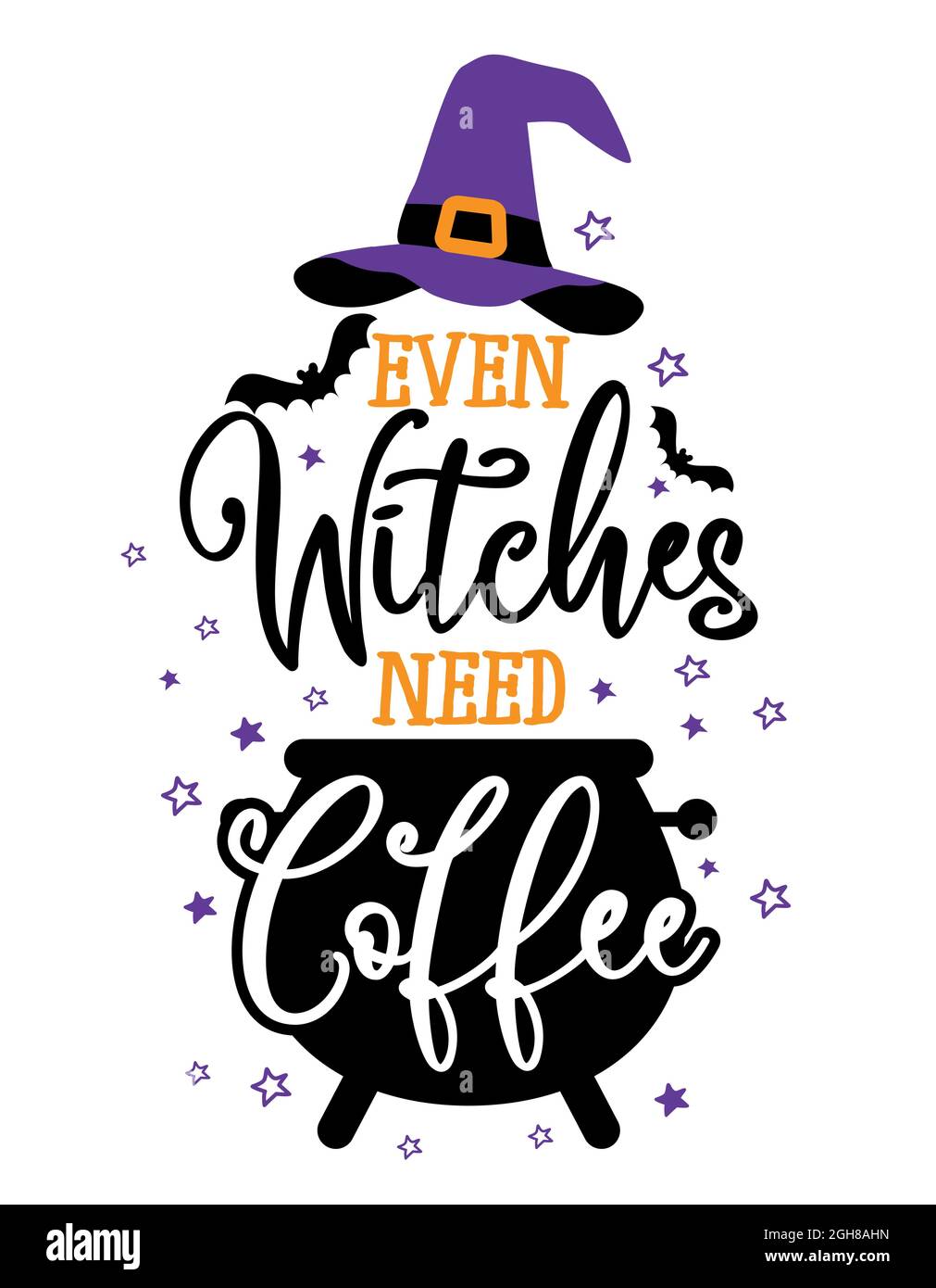 Incluso las brujas necesitan café - cita de Halloween sobre fondo blanco  con escoba y sombrero de bruja. Bueno para camiseta, taza, reserva de  chatarra, regalo, prensa de impresión. H Imagen Vector