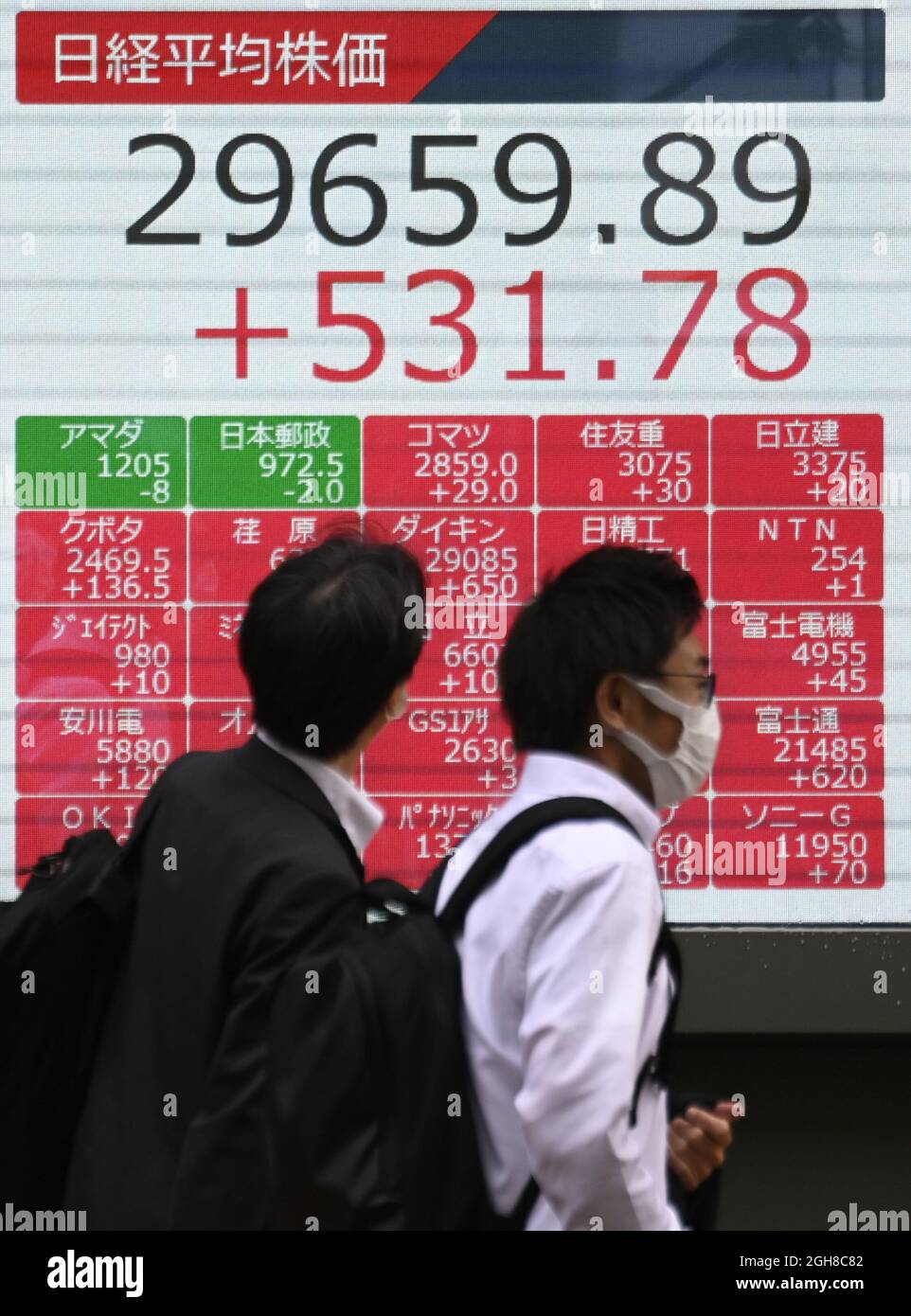 Una pantalla de datos financieros en el camino en Tokio muestra que el Nikkei Stock Average, de 225 cifras, terminó en 29.659,89, casi un máximo de cinco meses, el 6 de septiembre de 2021. (Kyodo)==Kyodo Photo via Newscom Foto de stock