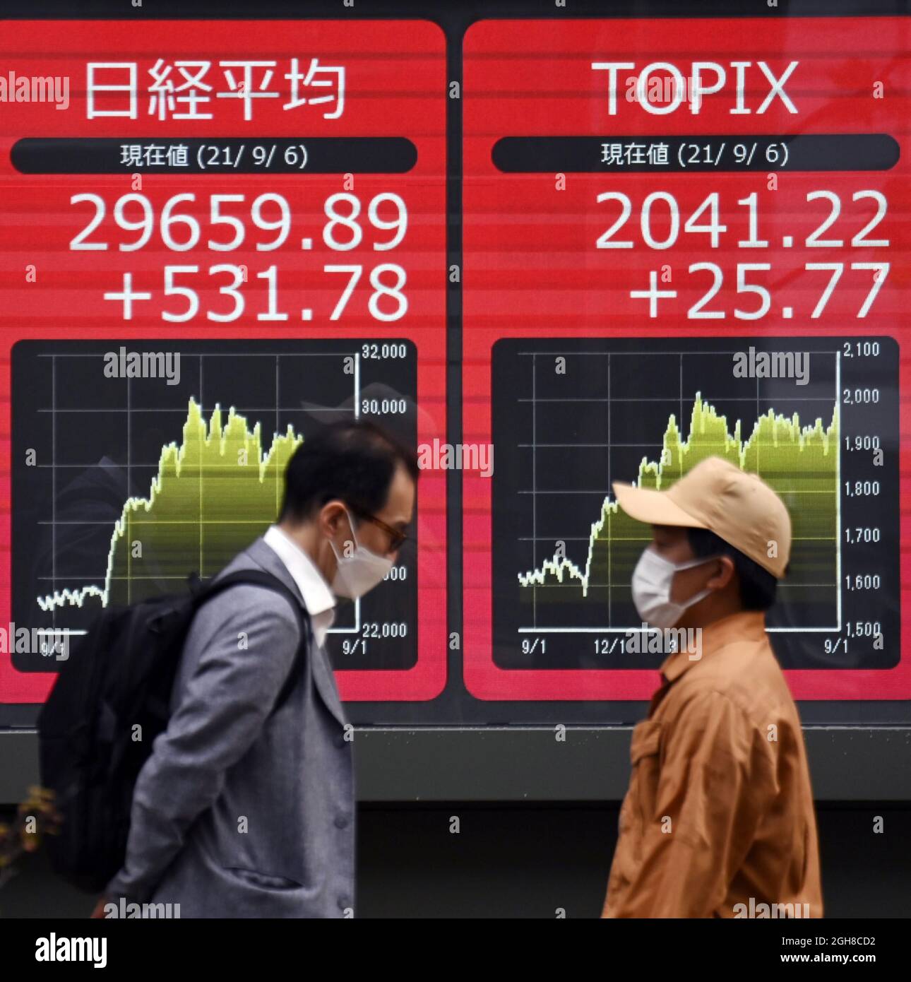 Una pantalla de datos financieros en carretera en Tokio muestra el índice de valores Topix (R) que termina en un máximo de 31 años y el índice Nikkei Stock Average de 225 unidades en casi un máximo de cinco meses el 6 de septiembre de 2021. (Kyodo)==Kyodo Photo via Newscom Foto de stock