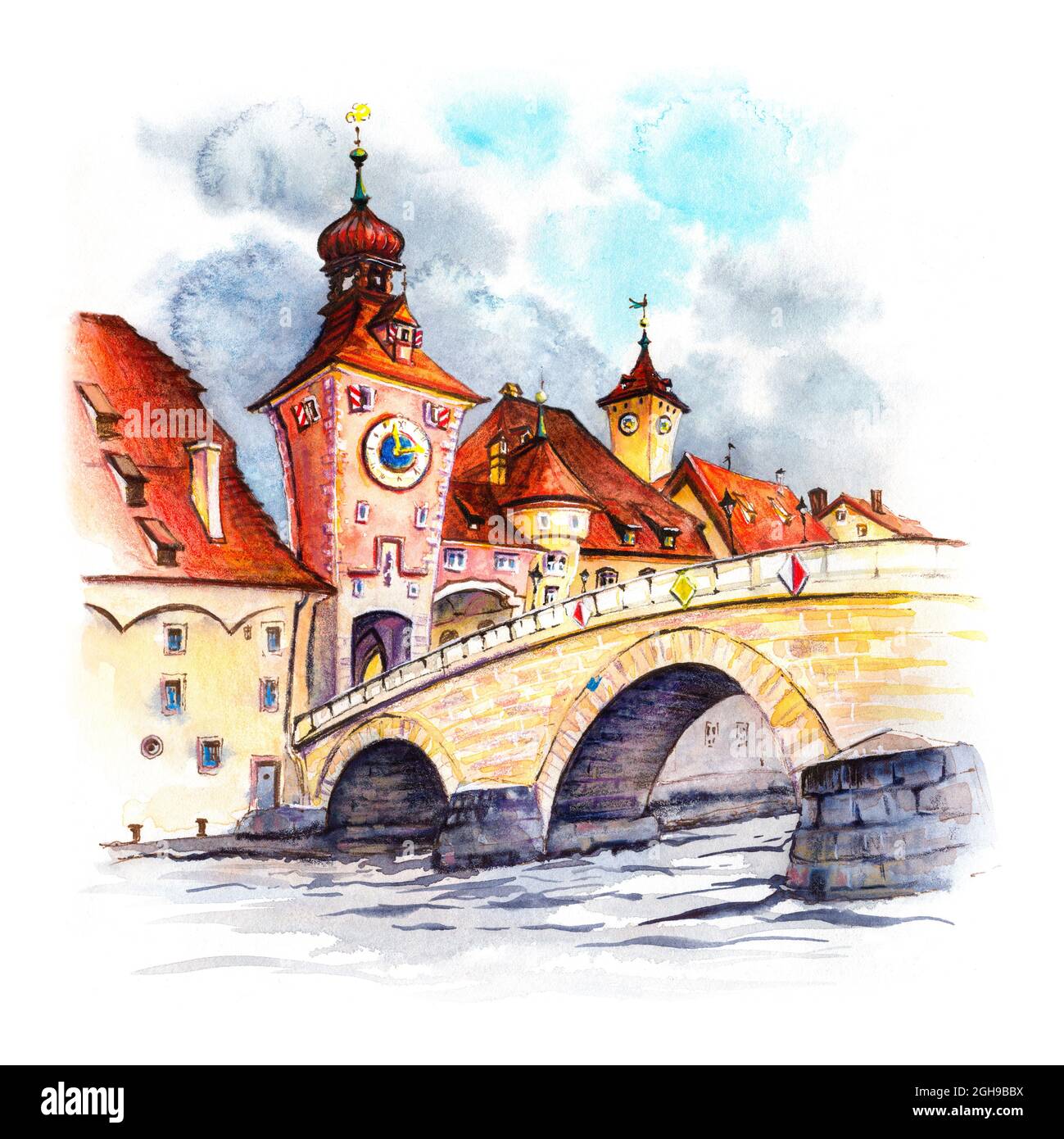 Boceto acuarela de la puerta de la ciudad vieja y el puente de piedra, Stadtamhof, Regensburg, Baviera oriental, Alemania Foto de stock