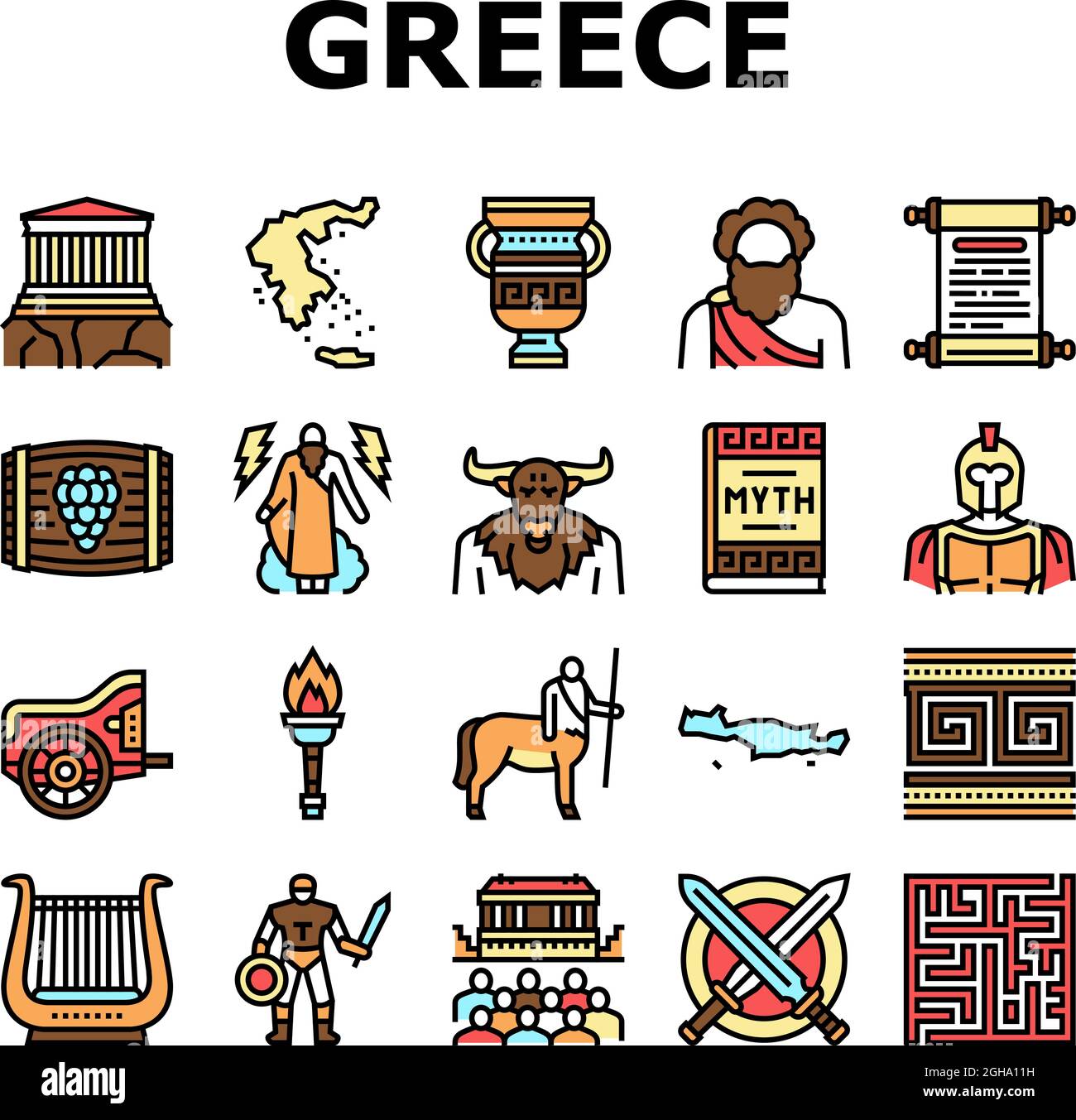 Antigua Grecia Mitología Historia Iconos Set Vector Imagen Vector de