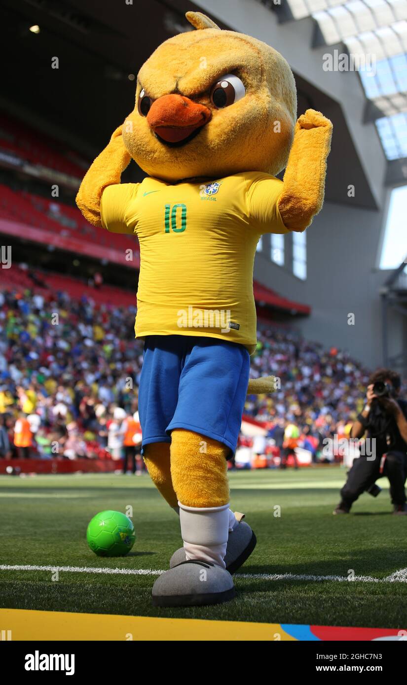 Canarinho La mascota del equipo de Brasil durante el partido amistoso  Internacional en el Anfield Stadium, Liverpool. Foto fecha 3rd de junio de  2018. El crédito de la imagen debe ser: Simon