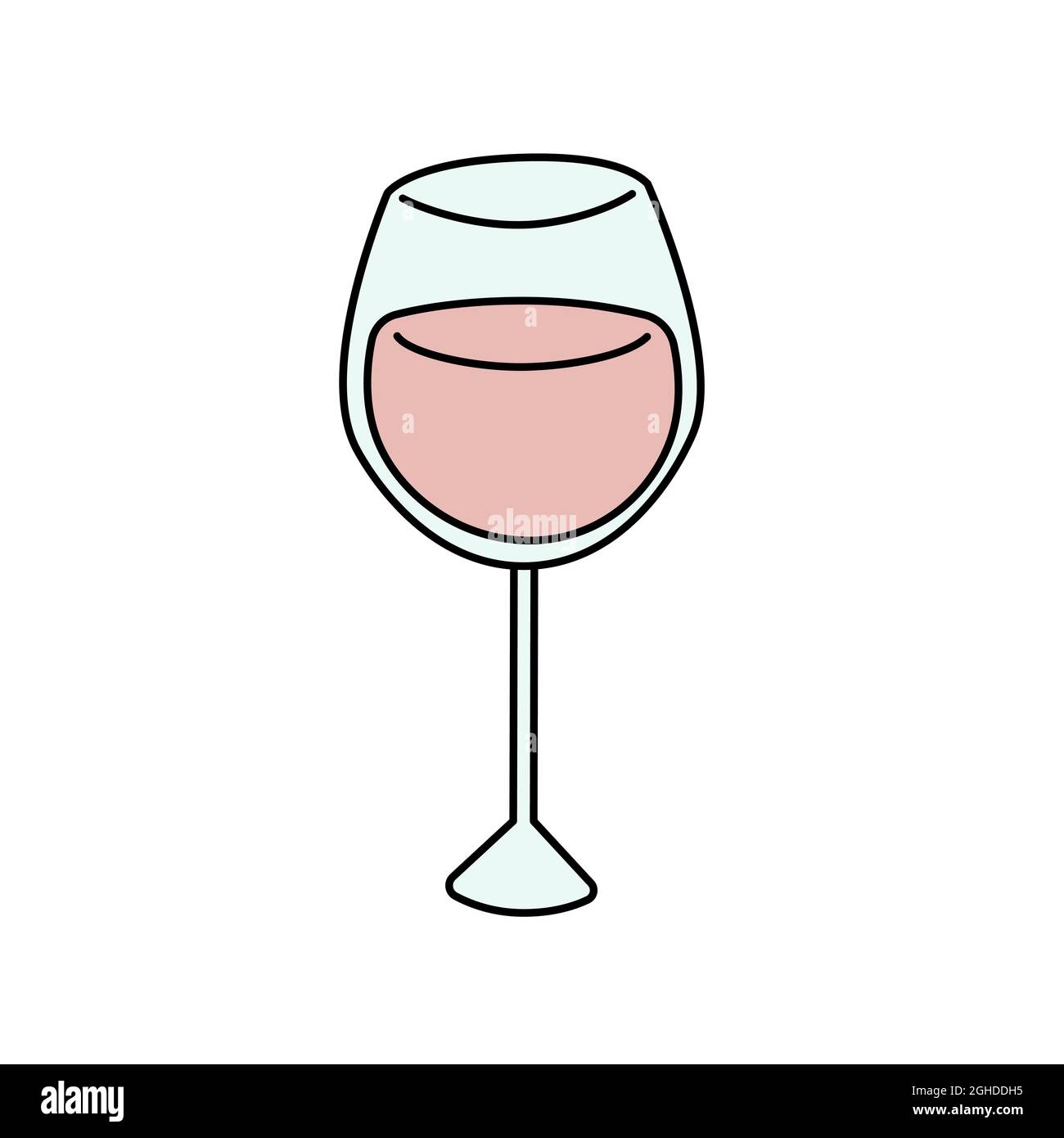 Icono de copa de vino en estilo de fideos. Ilustración vectorial aislada  sobre fondo blanco. Lindo signo de dibujos animados. Tostado de boda, copas  de vino con vino espumoso Imagen Vector de