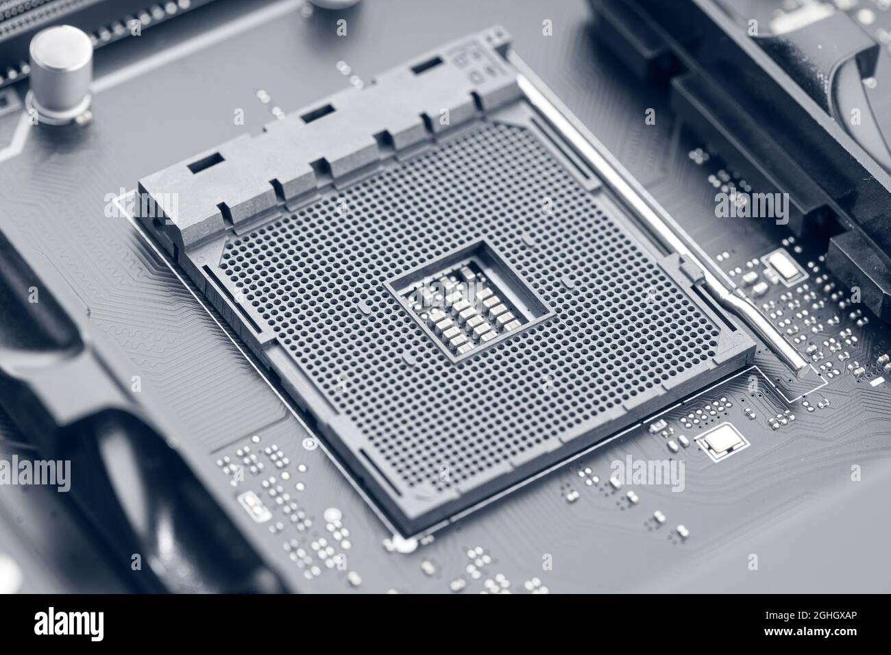 Zócalo de CPU en la placa base. Tecnología informática moderna Foto de stock