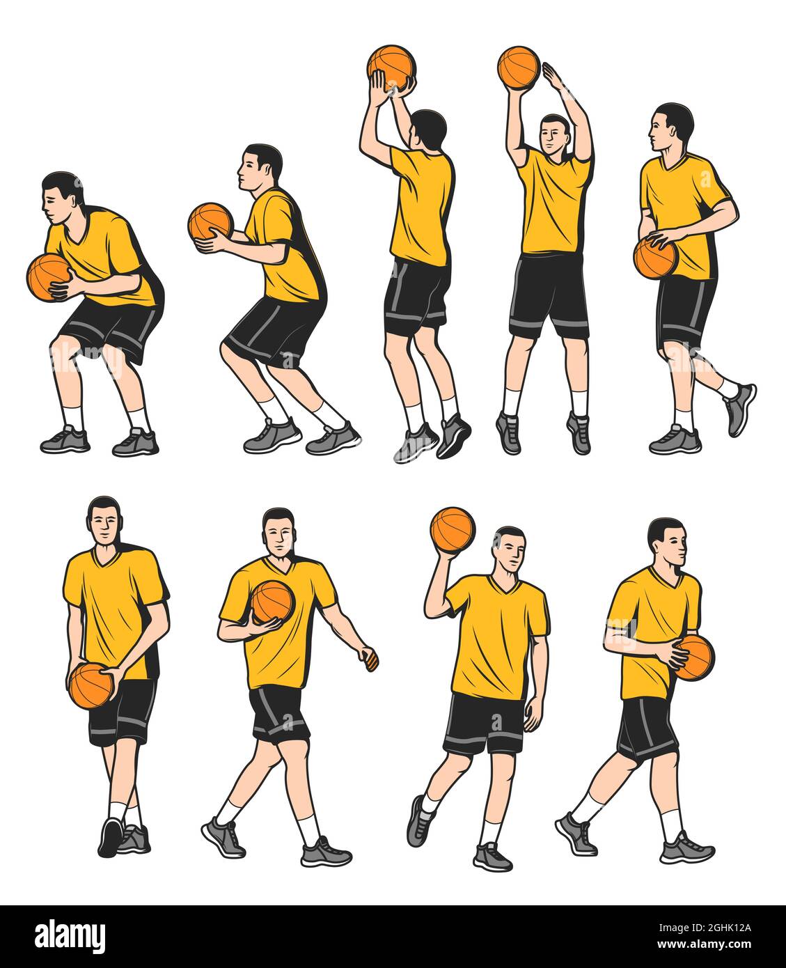 Defensa del baloncesto, jugadores de adelante y de centro con pelota. El  jugador de baloncesto se mueve secuencia de posiciones con pelotas,  captura, apunta y lanza etapas. S Imagen Vector de stock -