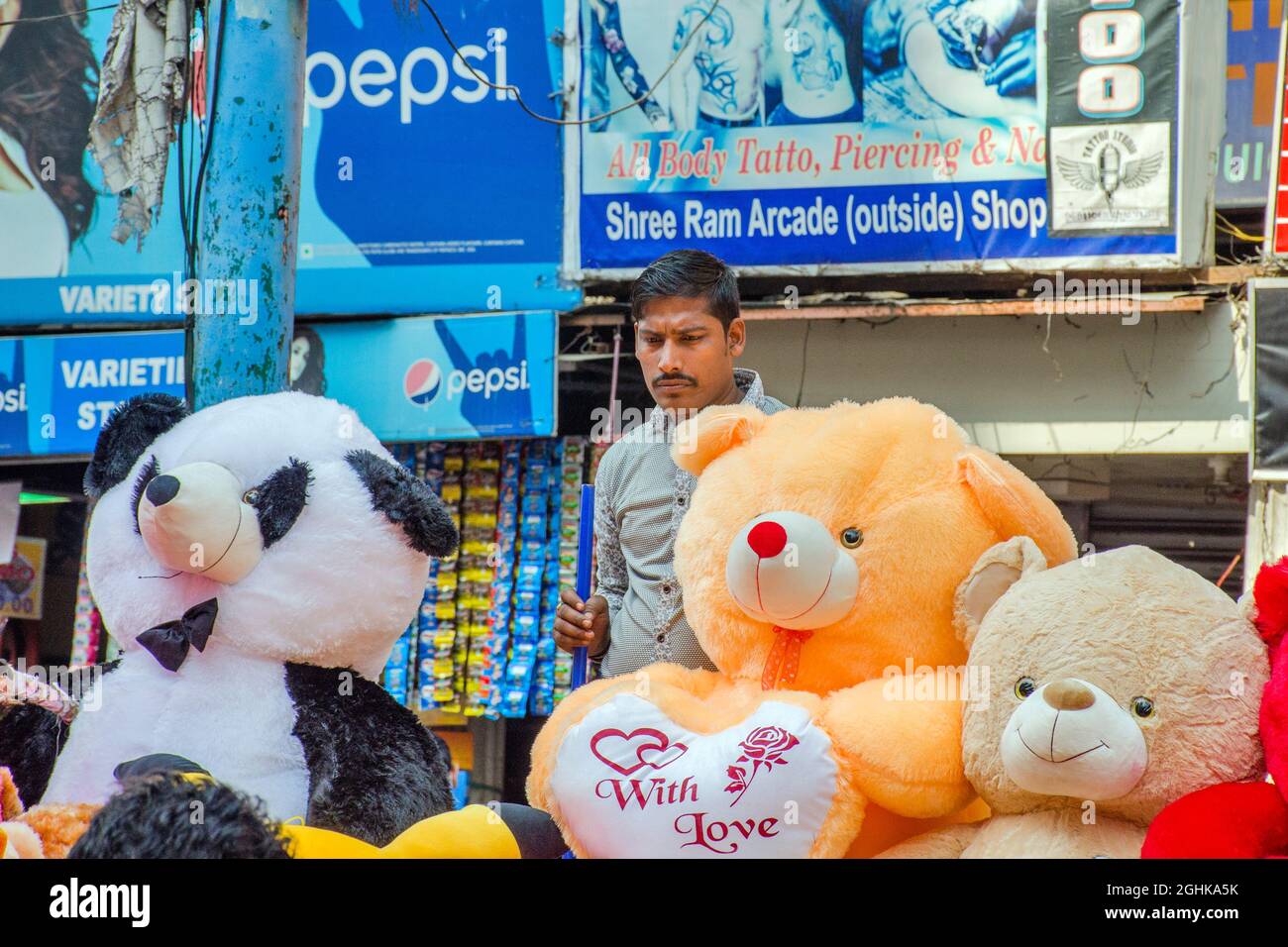 Un vendedor de oso de peluche en el Nuevo Mercado de Kolkata está tratando  de vender oso de peluche colorido Fotografía de stock - Alamy