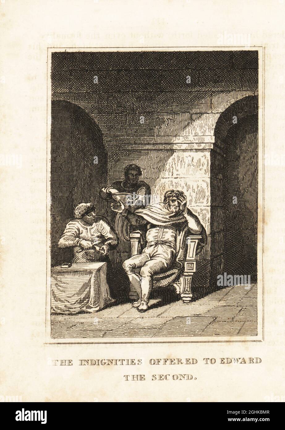 Rey Eduardo II con sus asesinos Thomas de Gournay y John Montravers en el Castillo de Berkeley, 1327. Una afila una cuchilla y otra sostiene un recipiente. Las indignidades se ofrecieron a Edward el Segundo. Grabado de Copperplate de la Historia de Inglaterra de M. A. Jones de Julio César a George IV, G. Virtue, 26 Ivy Lane, Londres, 1836. Foto de stock