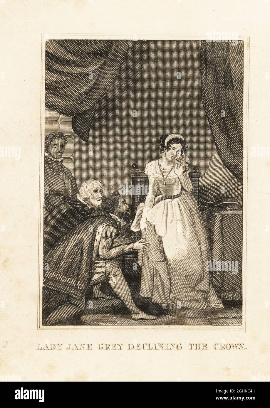 Lady Jane Grey, la Reina de Inglaterra de los Nueve Días, 1553. Los cortesanos muestran la declaración del rey Eduardo VI. Lady Jane Grey declinando la corona. Grabado de Copperplate de la Historia de Inglaterra de M. A. Jones de Julio César a George IV, G. Virtue, 26 Ivy Lane, Londres, 1836. Foto de stock