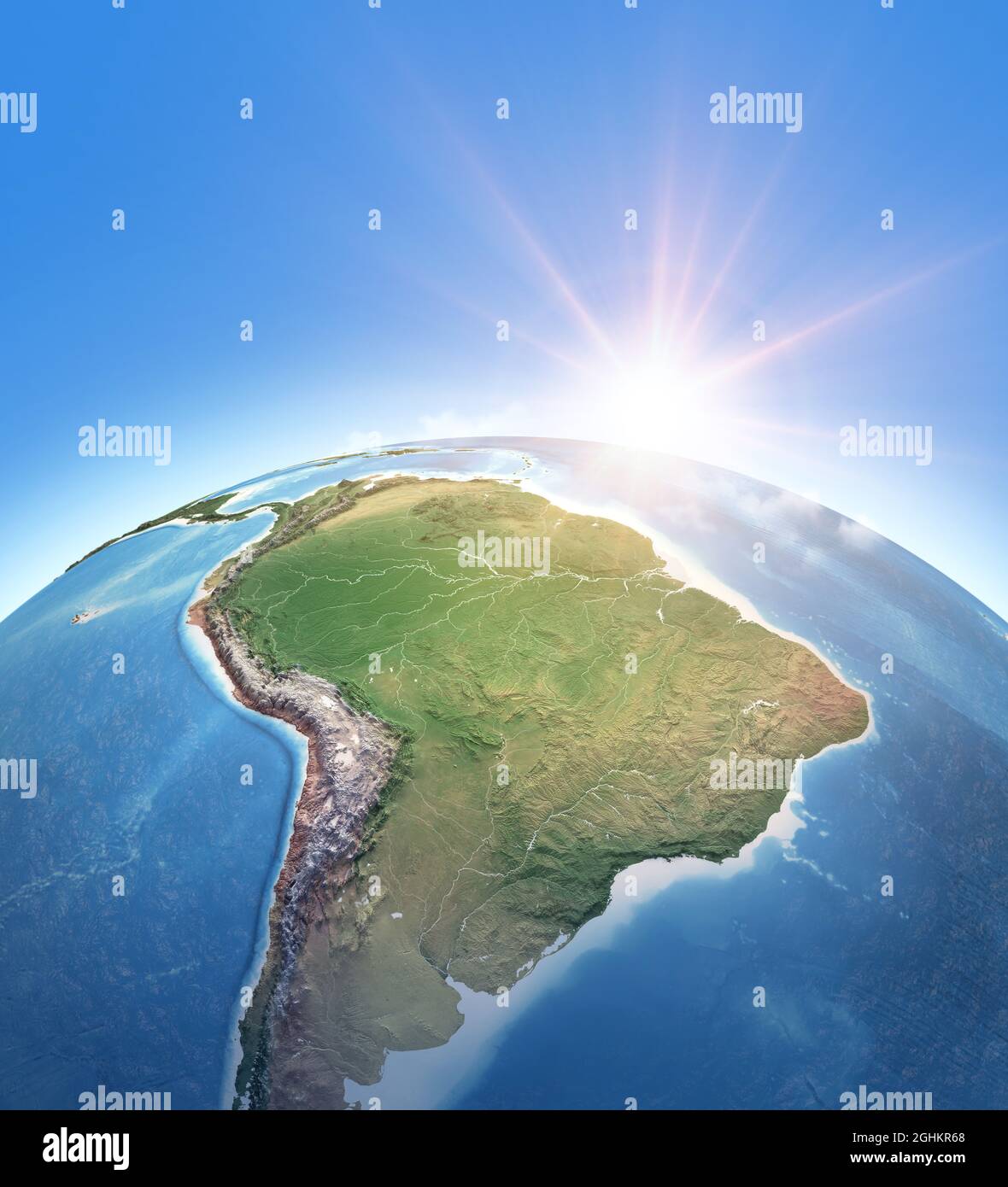 Sol brillando sobre el Planeta Tierra. Mapa físico de América del Sur; Brasil y selva amazónica, Cordillera de los Andes. Elementos de esta imagen proporcionados por la NASA Foto de stock