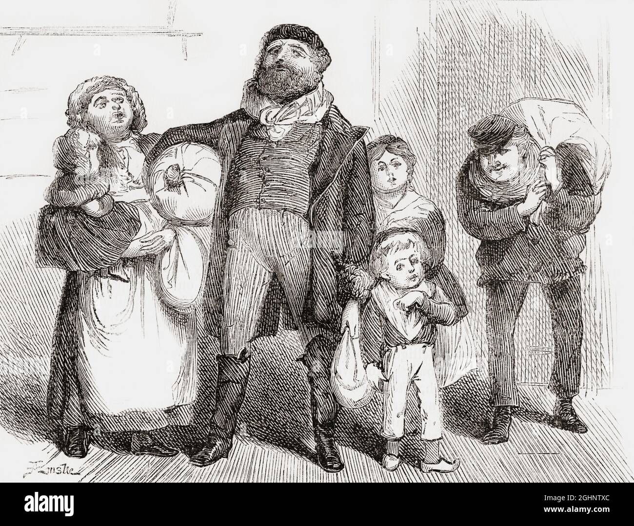Un inmigrante europeo recién llegado y su familia llevando todas sus pertenencias, caminan por las calles de Nueva York. Después de una obra publicada en la década de 1870. Foto de stock