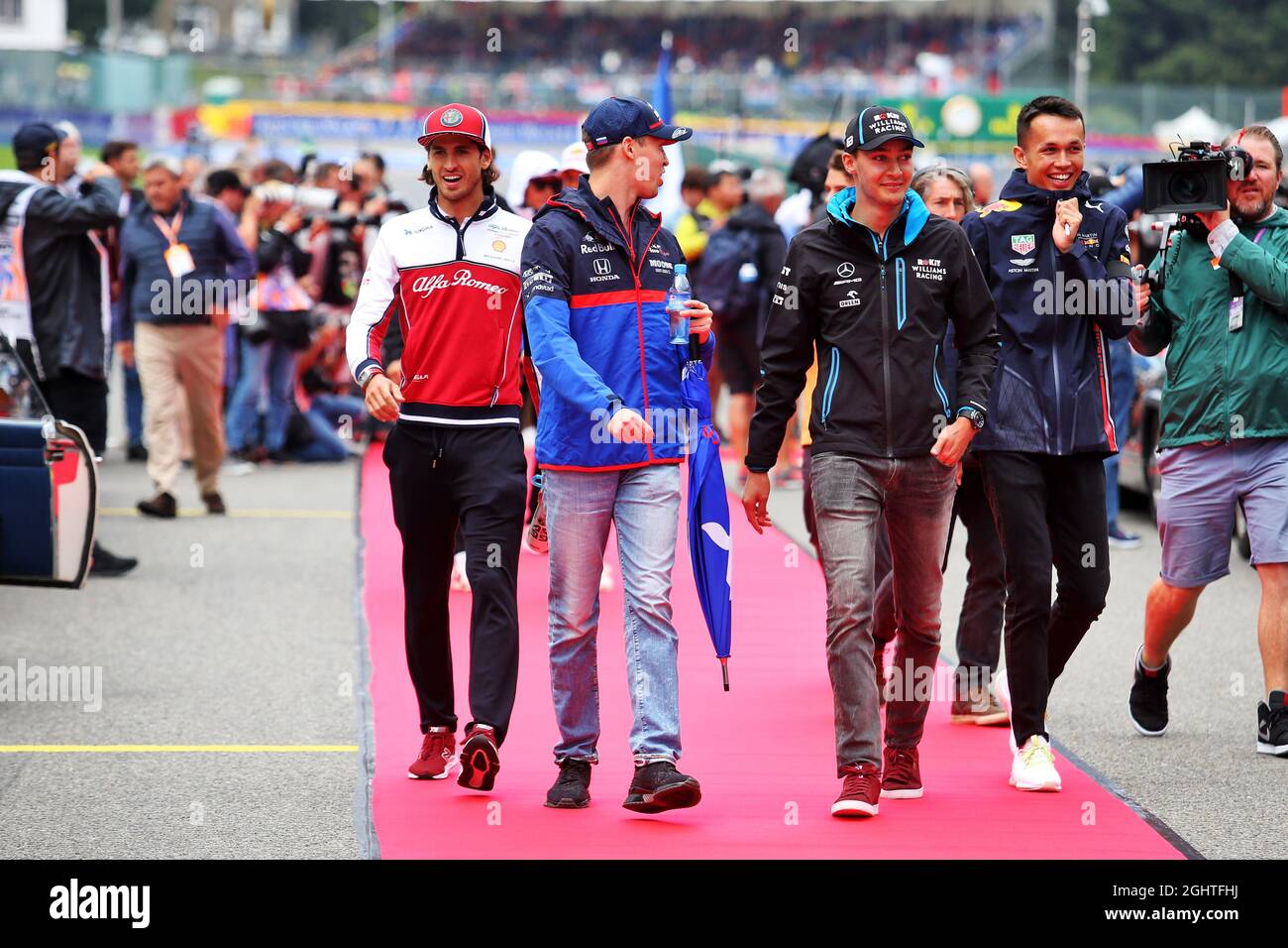 L to R): Logan Sargeant (USA) Williams Racing Academy Driver; Nicholas  Latifi (CDN) Williams Racing; George Russell (GBR) Williams Racing; and  Jack Aitken (GBR) / (KOR) Williams Racing Reserve Driver, at a