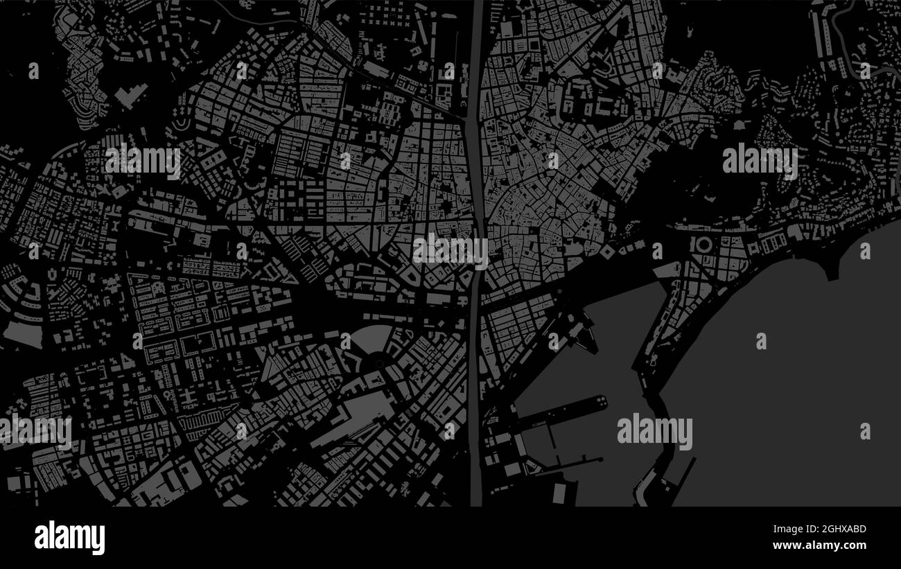 Negro oscuro Málaga Área de la ciudad Mapa vectorial de fondo, calles e ilustración cartográfica del agua. streetmap de formato panorámico y diseño plano digital. Ilustración del Vector