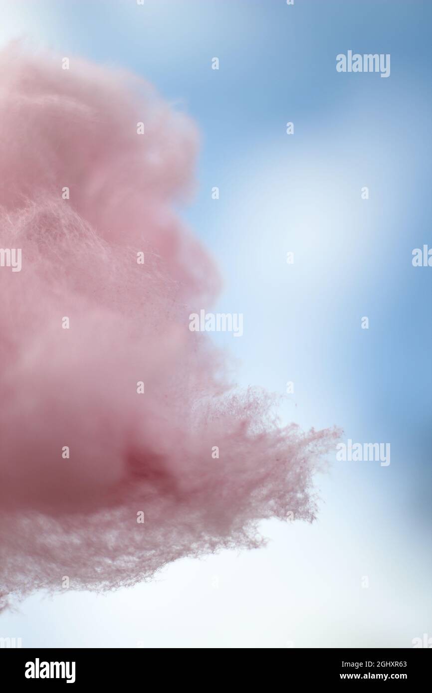 Caramelo de algodón rosado en un palo sostenido contra el cielo para parecer una nube. Foto de stock