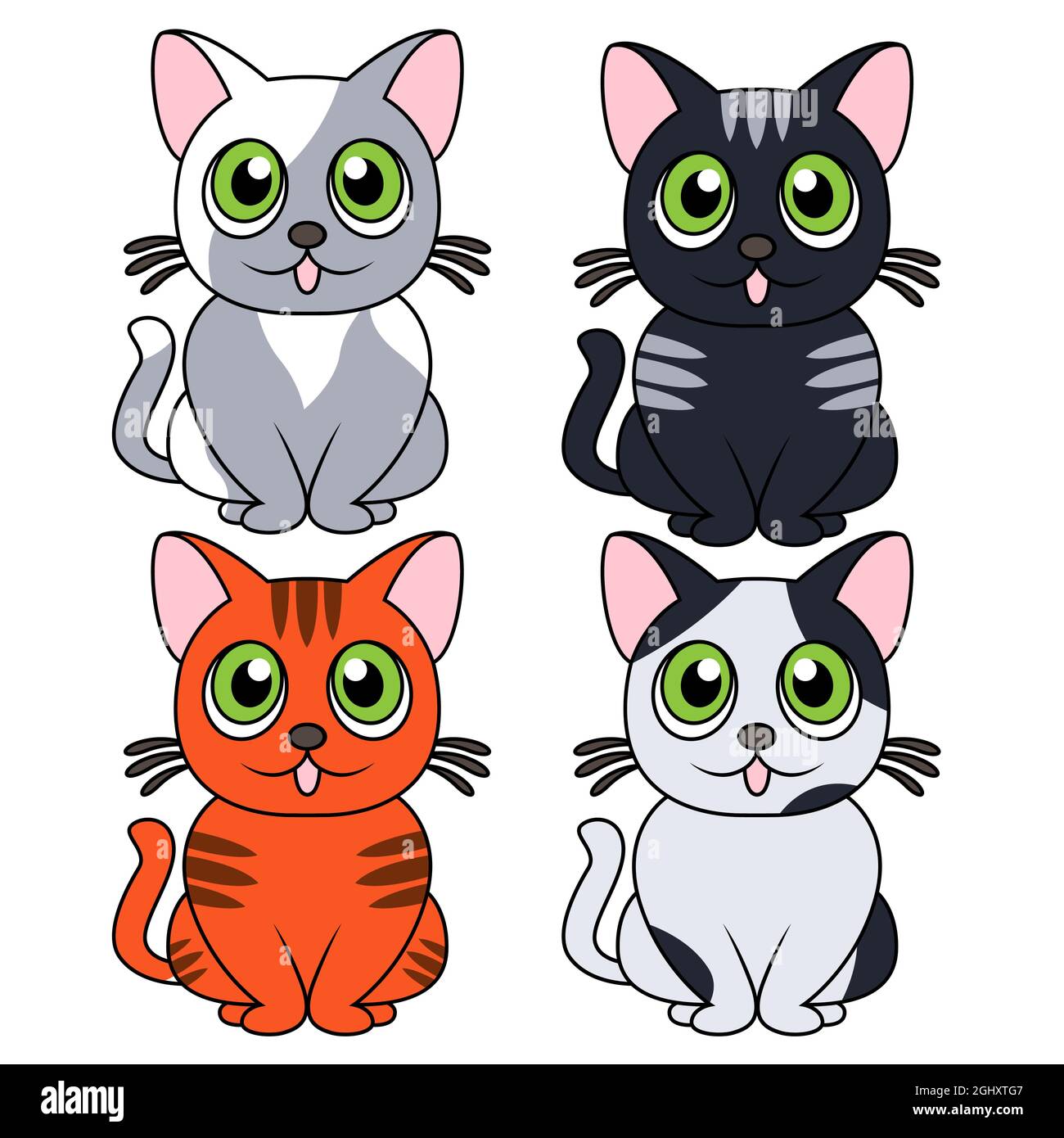 Cuatro divertidos diferentes gatos de dibujos animados aislados sobre fondo  blanco, imagen en color de las mascotas Imagen Vector de stock - Alamy