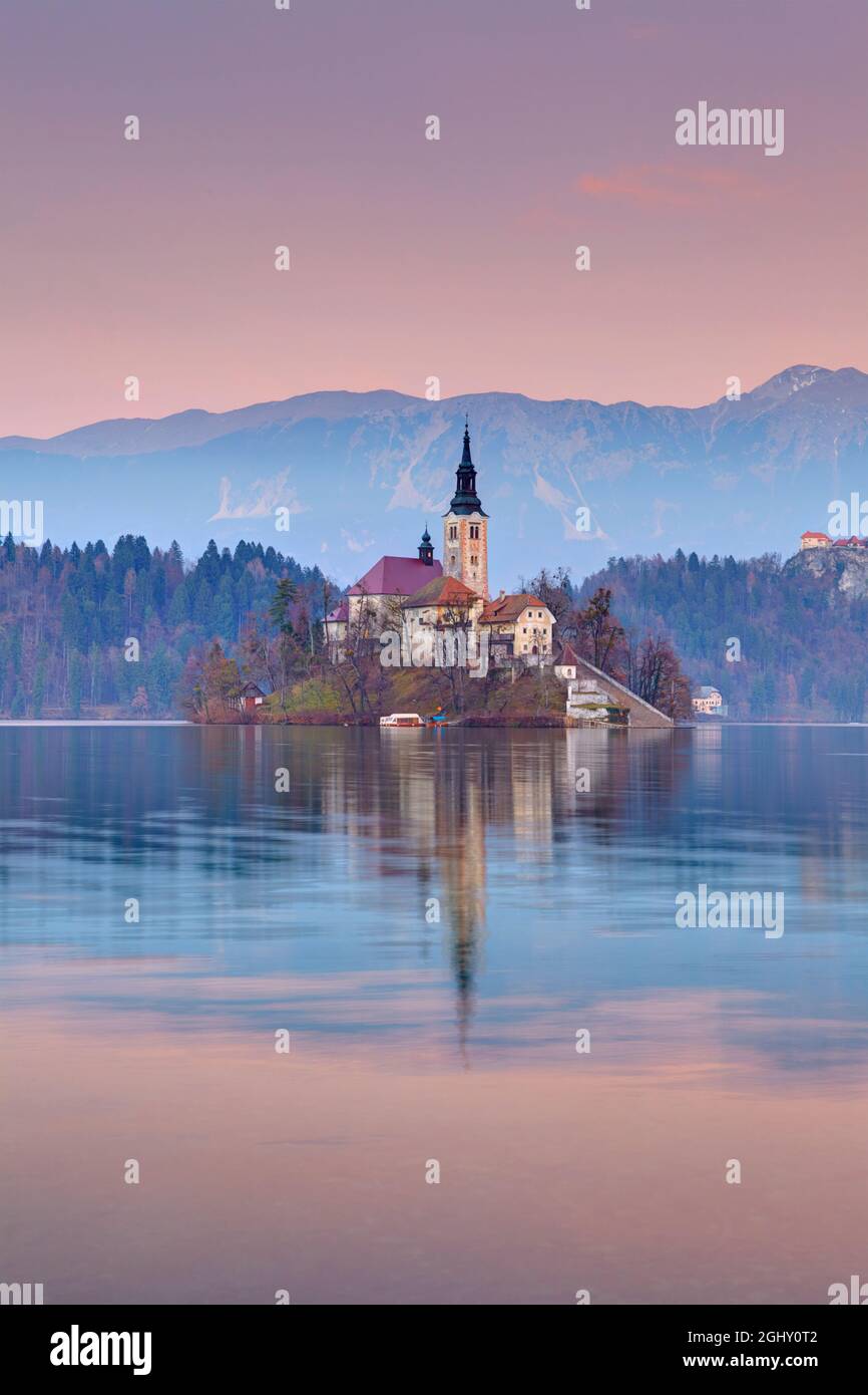 Vista del Lago Bled y la iglesia de Santa María Reina, ubicada en una pequeña isla en el medio del lago Bled, Eslovenia Foto de stock