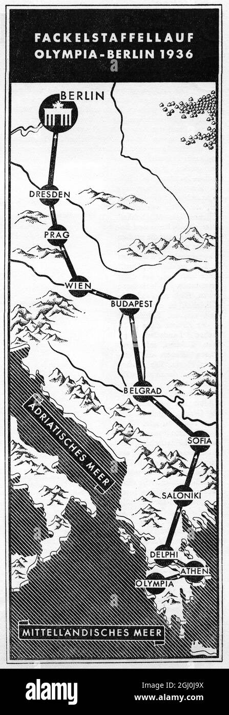 Mapa - ruta mostrada para la carrera de relevos con antorcha-llamarada para encender la llama olímpica en los Juegos Olímpicos de Berlín 1936 ©Topfoto *** Caption Local *** Foto de stock