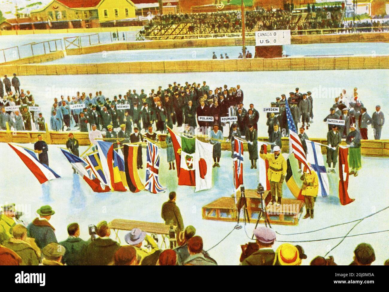 El Almirante Byrd toma el juramento olímpico en Lake Placid en los Juegos Olímpicos de invierno de 1932 oficialmente conocidos como los Juegos de la X Olimpiada Foto de stock