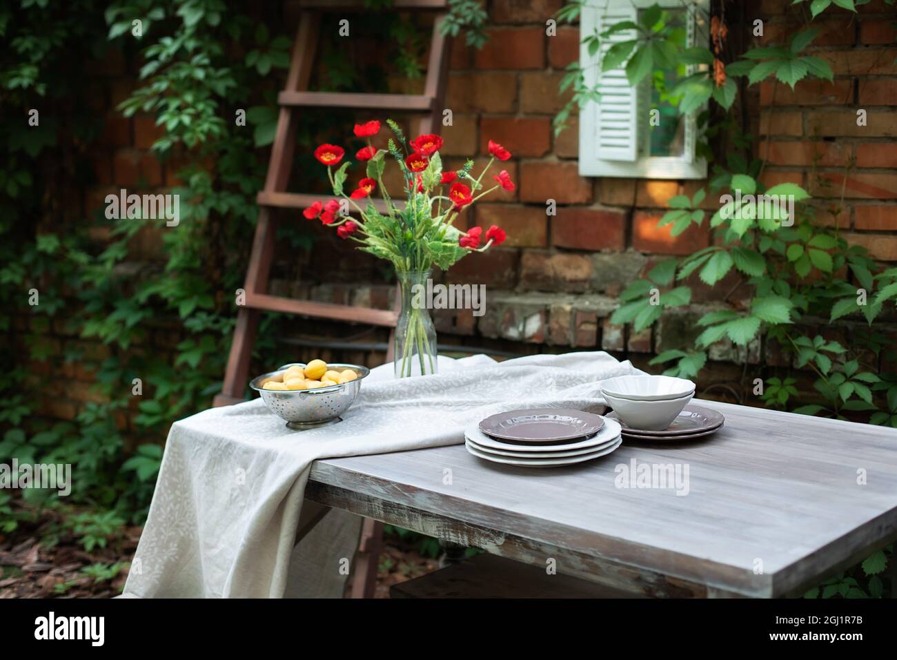 Mesa y platos de madera para fiestas o cenas en el jardín en el patio de la casa. Terraza interior, patio. Flores en un jarrón en casa Foto de stock